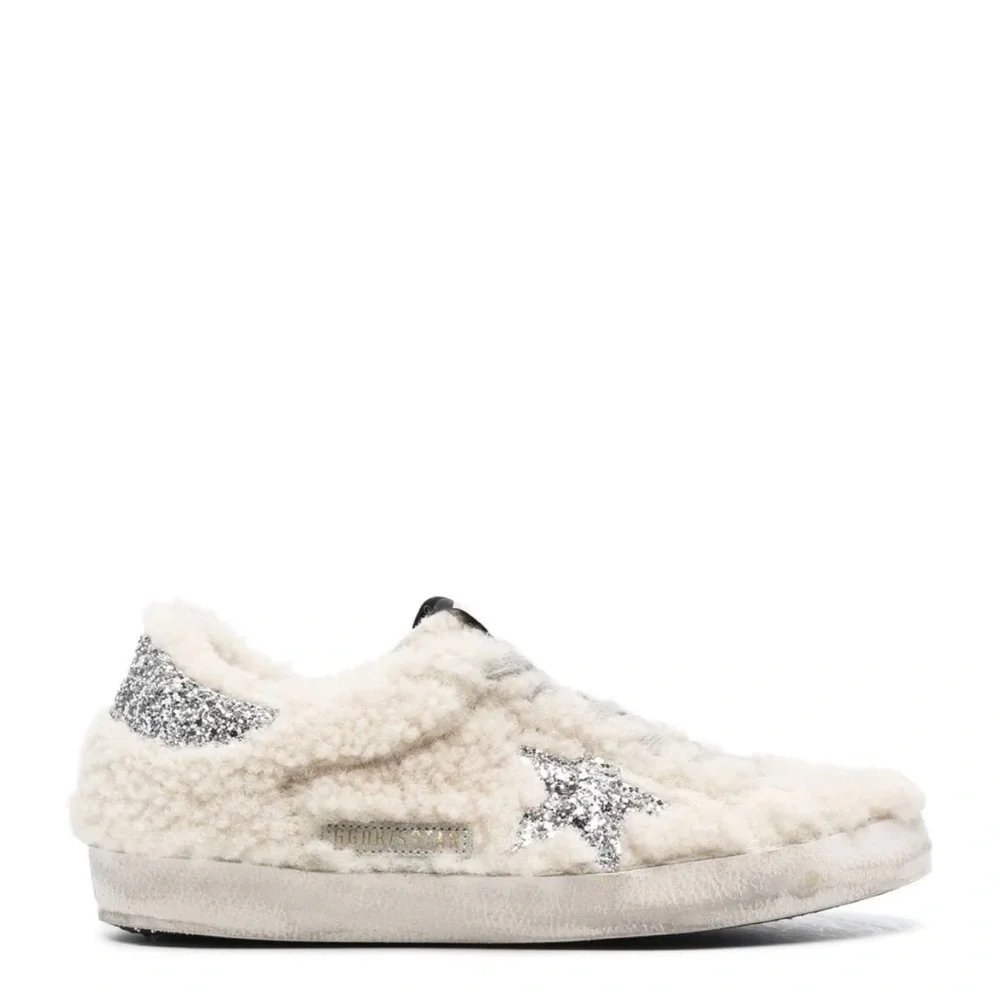 New Golden Goode Super-Star Beige Shearling Silver Glitter Star Sneakers Size 37 - Picture 12 of 12
